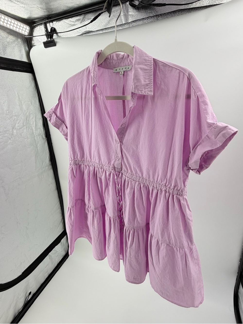 HYFVE Purple Solid Collared Button Front Short Sleeve Blouse Top Size S - Picture 3 of 7